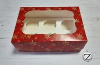 Коробка для 6 кексов с окном Новогодняя Красная (снег) 25 х 17 х 9 см