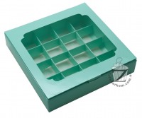Коробка для 16 конфет 18,5 х 18,5 х 3,5 см с окном Тиффани
