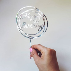 Топпер для торта пластиковый (серебро) Happy birthday