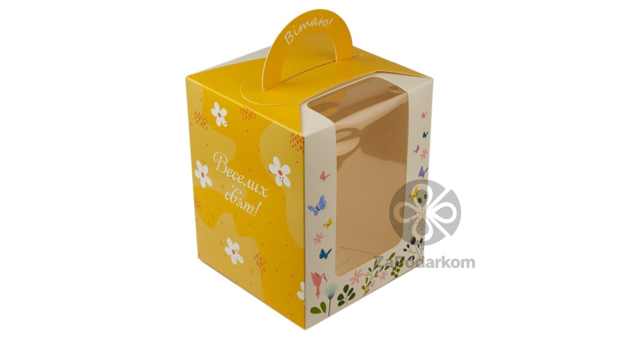 Коробка для пасхального кулича 16 х 16 х 20 см с окном Желтая