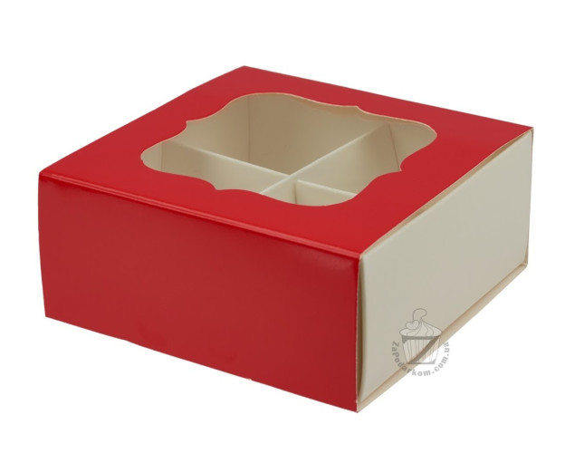 Коробка для 4 конфет 8 х 8 х 3,5 см с окном Красная