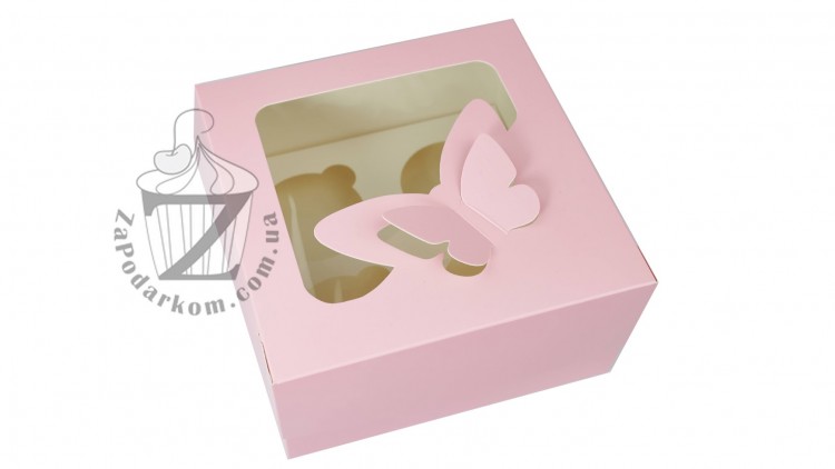 Коробка для 4 кексов Бабочка Розовая 17 х 17 х 9 см